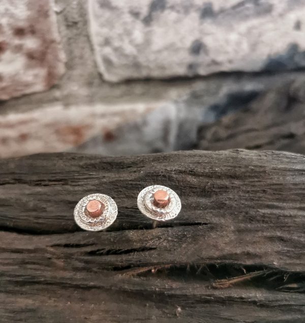 Stud earrings on bog oak - handmade sterling silver circle stud earrings