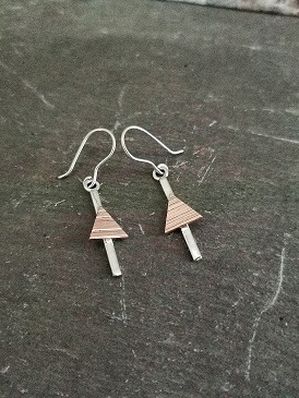 earrings on black slate- Steling Silver and Copper Triangle Earrings