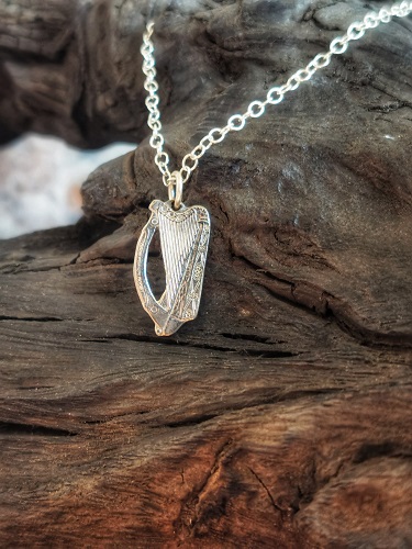 necklace displayed on bog oak - 50p harp coin necklace