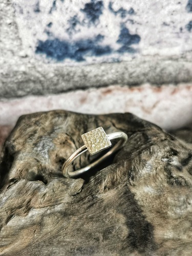 ring displayed on bog oak - textured square sterling silver ring