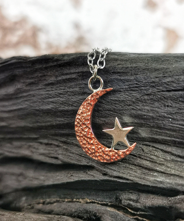 steling silver copper moon star sky mixed metals necklace chain pendant handmade textured - moon and star necklace