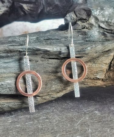 sterling silver and copper geometric circle textured handmade earrings - sterling silver and copper circle earrings