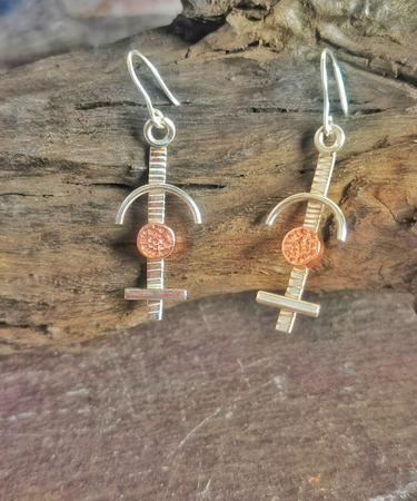 sterling silver copper geometric circle drop tectured earrings - Sterling silver and Copper Handmade Geometric Earrings