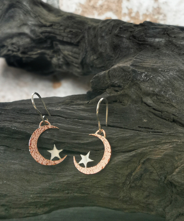 Copper moon and sterlling silver star drop earrings with texture on copper moon - copper and sterling silver moon and star earrings