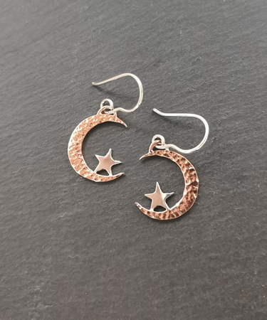 copper moon and sterling silver star eaarings with texture , handmade , drop earrings - Copper and Sterling Silver Moon and Star Earrings