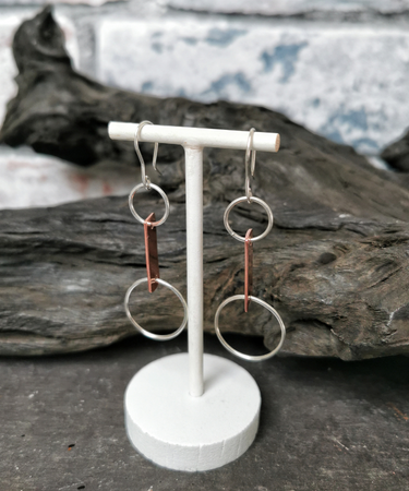 sterling silver and copper hoop handmade geometric circle funky earrings - handmade hoop earrings