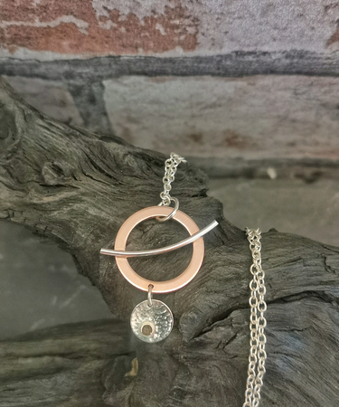 sterling silver and copper geometric circle handmade statement necklace- handmade geometric circle necklace