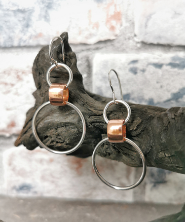 sterling silver and copper pipe hoop handmade geometric earrings - sterling silver and copper hoop earrings