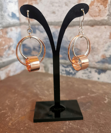 sterling silver and copper circle hoop funky handmade recycled copper pipe earrings - double hoop earrings