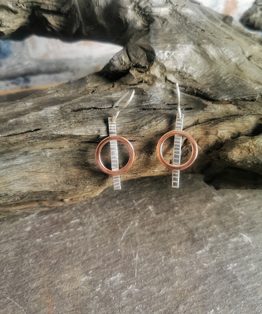 sterling silver and copper circle geometric textured handmade earrings - steling silver and copper