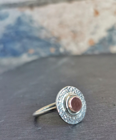 sterling silver and copper concentric cirlce textured handmade ring - sterling silver and copper concentric circle ring