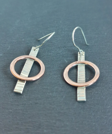 sterling silver and copper circle geometric textured handmade earrings - steling silver and copper
