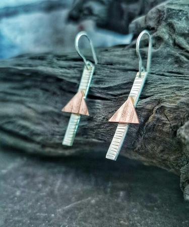 steling silver and copper textured triangle geometric handmade earrings - sterling silver and copper trianlge earrings