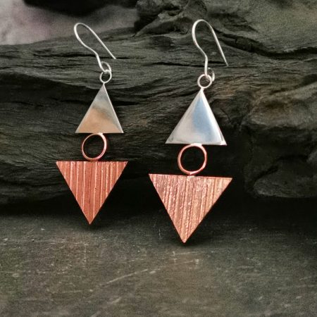 triangle Sterling Silver and copper handmade textured earrings - Sterling Silver and Copper triangle earrings