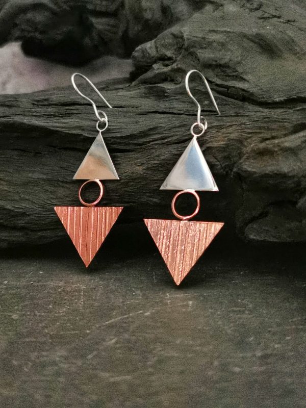 triangle Sterling Silver and copper handmade textured earrings - Sterling Silver and Copper triangle earrings