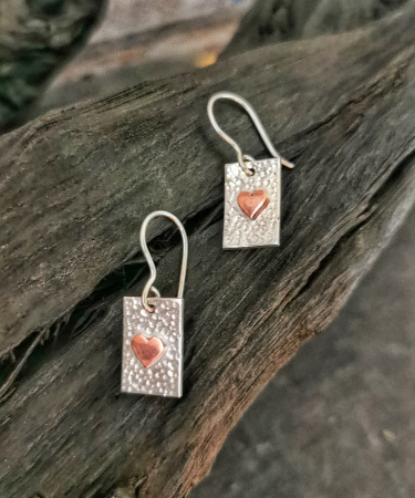 Sterling Silver and Copper Handmade textured heart drop earrings - Sterling Silver and Copper Heart Earrings
