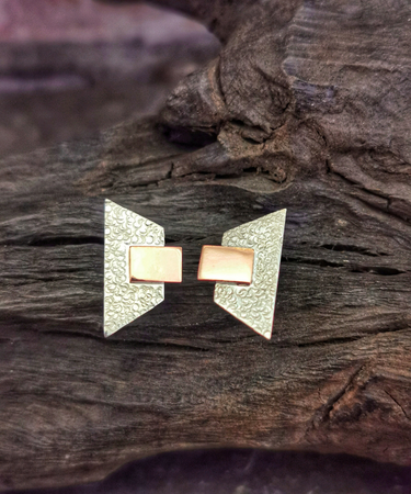 Sterling Silver and Copper geometric textured handmade stud earrings - Geometric Stud Earrings
