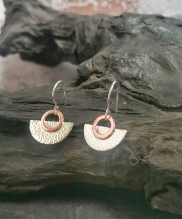 geometric circle Sterling Silver and Copper handmade drop fashion earrings - Half Circle Geometric Earrings