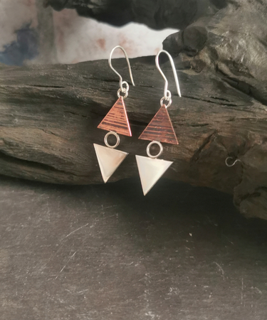 Sterling Silver and Copper Handmade triangle geometric fashion earrings - Triangle Geometric Handmade Earrings