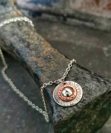 Textured concentric circle handmade sterling silver and copper textured necklace - Textured Concentric Circle Necklace