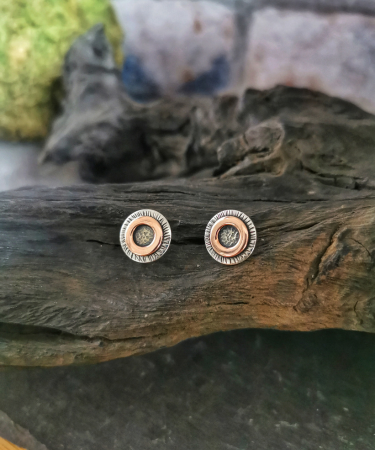 Circle stud earrings handmade from Sterling Silver and Copper. Hand textured finish - Circle Stud Earrings