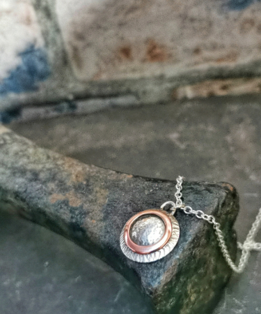 Circle handmade sterling silver and copper textured necklace - Concentric Circle Necklace