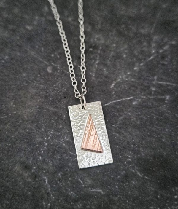 sterling silver and copper triangle textured rectangled handmade necklace - sterling silver and copper handmade triangle necklace