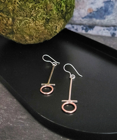 Handmade Sterling Silver and Copper geometric circle drop earrings - Geometric Drop Earrings